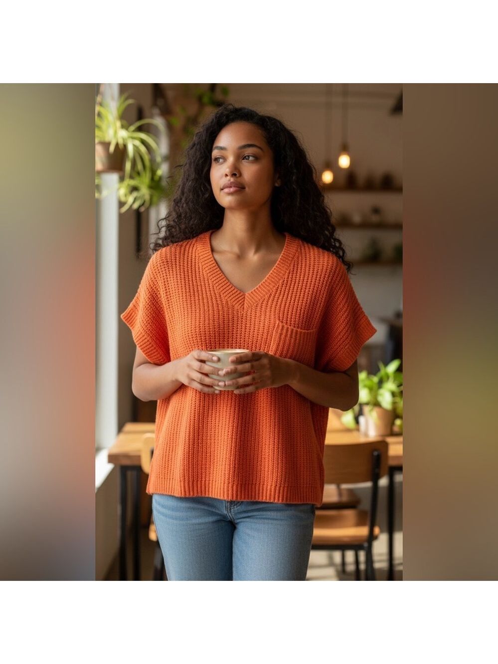 Oversized Cropped Knit Short Sleeve V- Neck Sweater by Greige